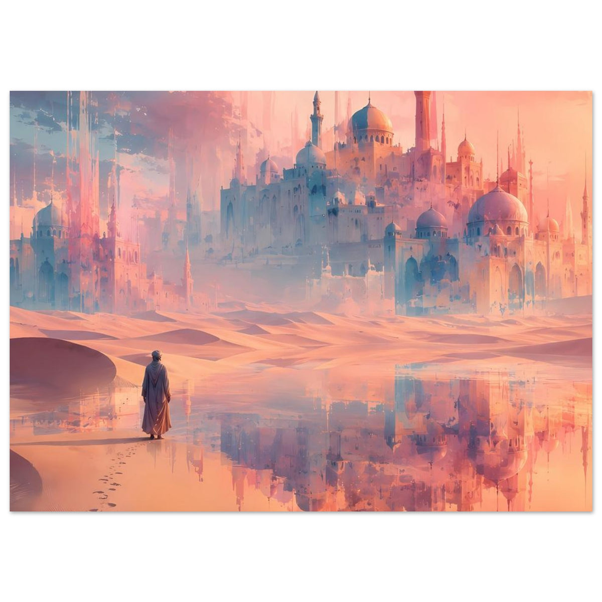 Poster Querformat: Palast mit Kuppeln, Minaretten und Sanddünen, spiegelnde Wasserfläche darunter