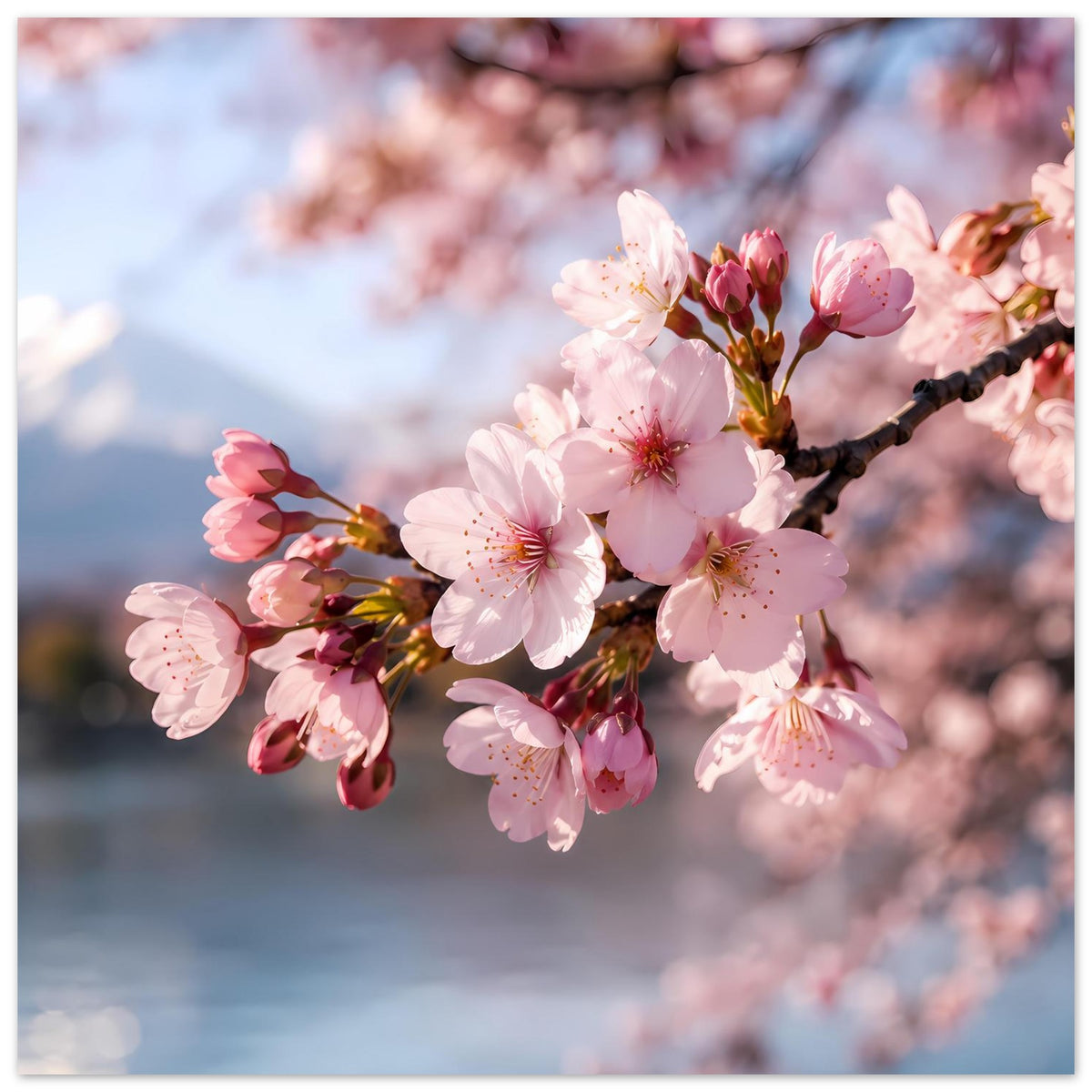 Sakura-Blütenposter mit rosa Blüten, dunkler Ast im Vordergrund, Querformat
