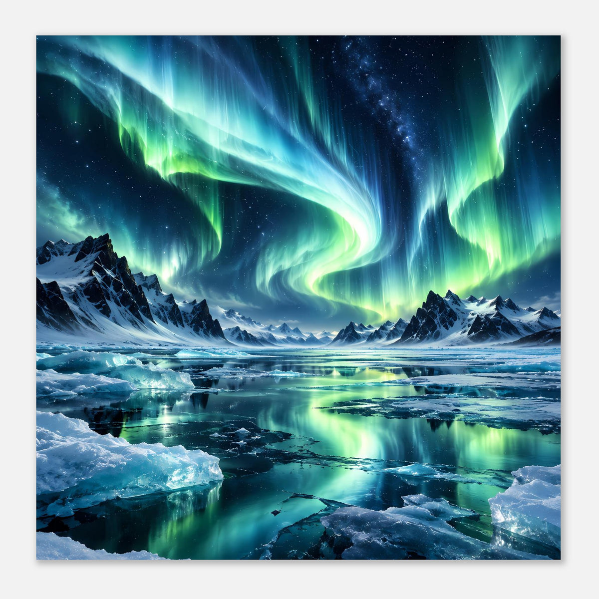 Quadratisches Poster mit Nordlichtern in Grün und Blau über gefrorener Wasserfläche