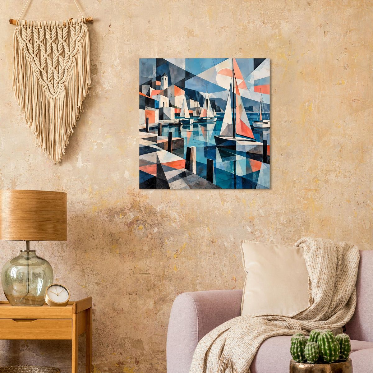 Quadratisches Poster mit geometrischer Hafenansicht, Segelbooten in Türkis, Blau und Koralle