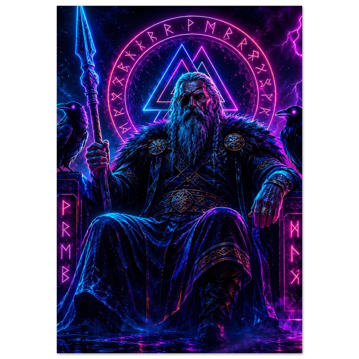 Fantasy-Poster: frontal dargestellter Wikingerkönig mit Schwert und leuchtenden Runen im Dreieck