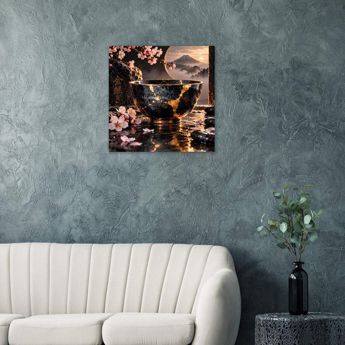 Kintsugi-Poster an der Wand: dunkle Schale mit goldenen Rissen, Kirschblüten und Spiegelung