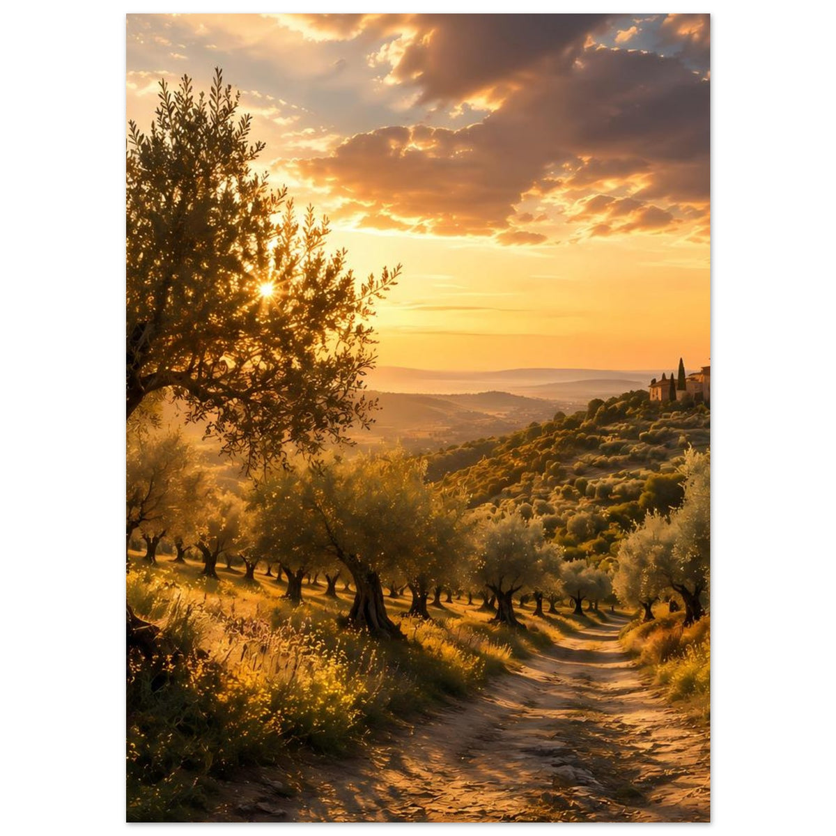 Hochformatiges Poster mit Olivenhain-Feldweg, warmem Abendlicht und weitem Tal