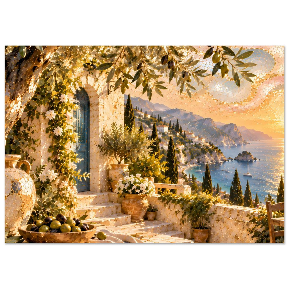 Mosaikkunst-Druck: Steinbogen, Olivenzweige, Küste mit Segelbooten und goldener Abendstimmung