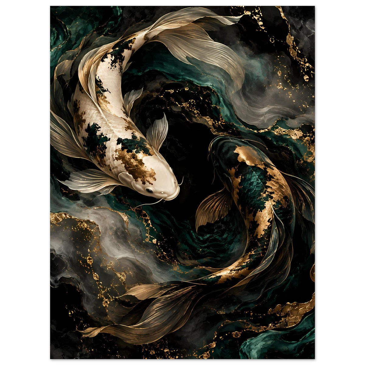 Koi-Fisch-Poster: weißer Koi und dunkler Koi, marmorierte Strömungen in Grün und Gold
