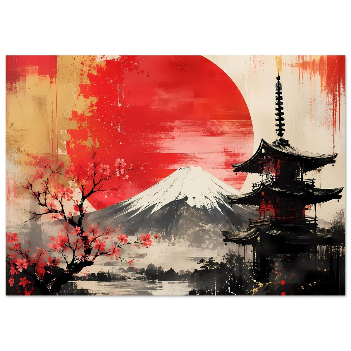 Poster japanische Pagode rechts und Fuji, rote Sonne im Hintergrund, abstrakte Pinseloptik