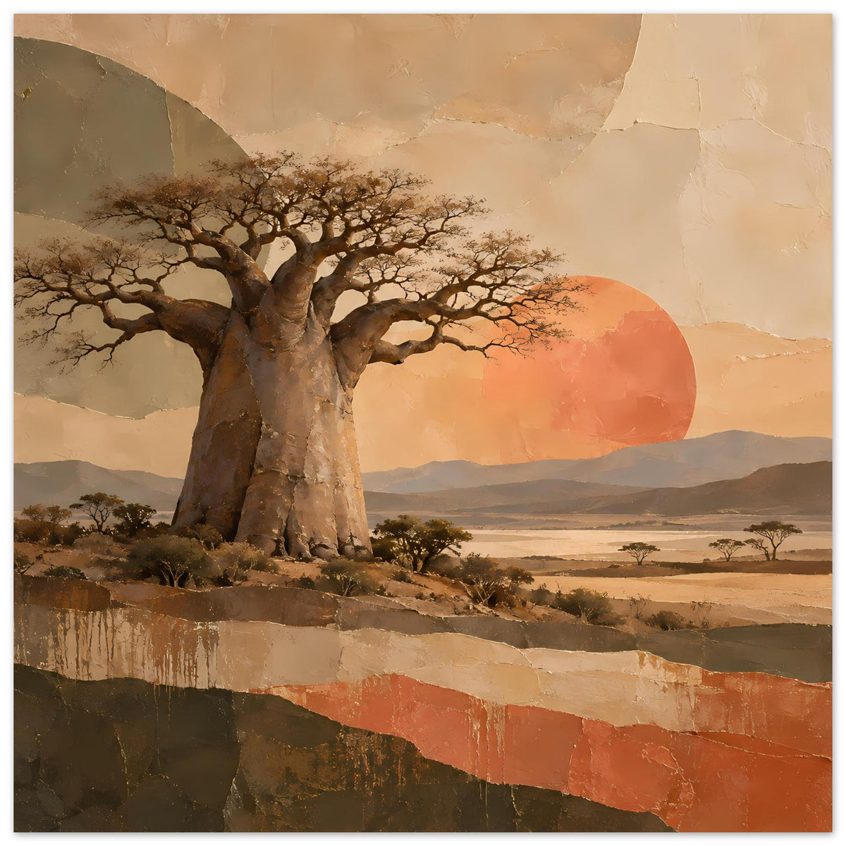 Naturposter: Baobab mit ausladender Krone, orangefarbener Sonnenball und Landschaft mit Steinstufen