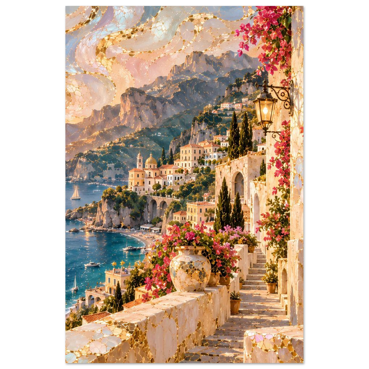Vertikales Poster mit mediterranem Dorf, Küstenlinie, Bergen, Laterne und Blumenschmuck am Geländer