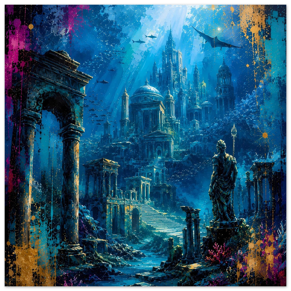 Poster: versunkene Stadt Atlantis im tiefblauen Ozean, Säulen, Türme und Statue
