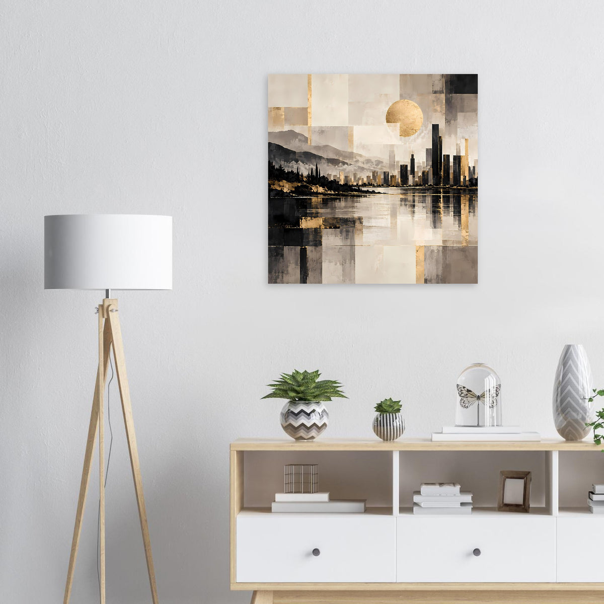 Stadtbild-Poster mit goldener Sonne, schwarzer Skyline und ruhigem Wasserreflex