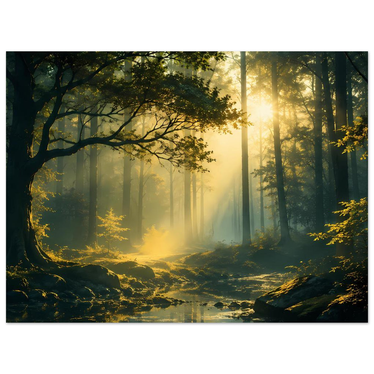 Poster mit Sonnenaufgang-Stimmung im Wald, Äste vorn, viele Bäume im Dunst und Wasser