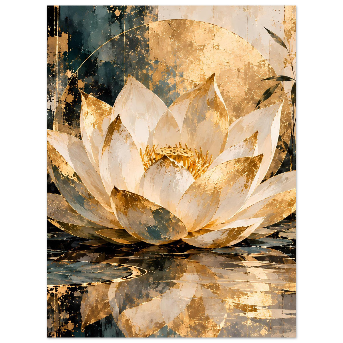 Premium-Poster mit Lotusblüte mittig, cremefarbene Blütenblätter und goldene, abstrakte Hintergrundstruktur