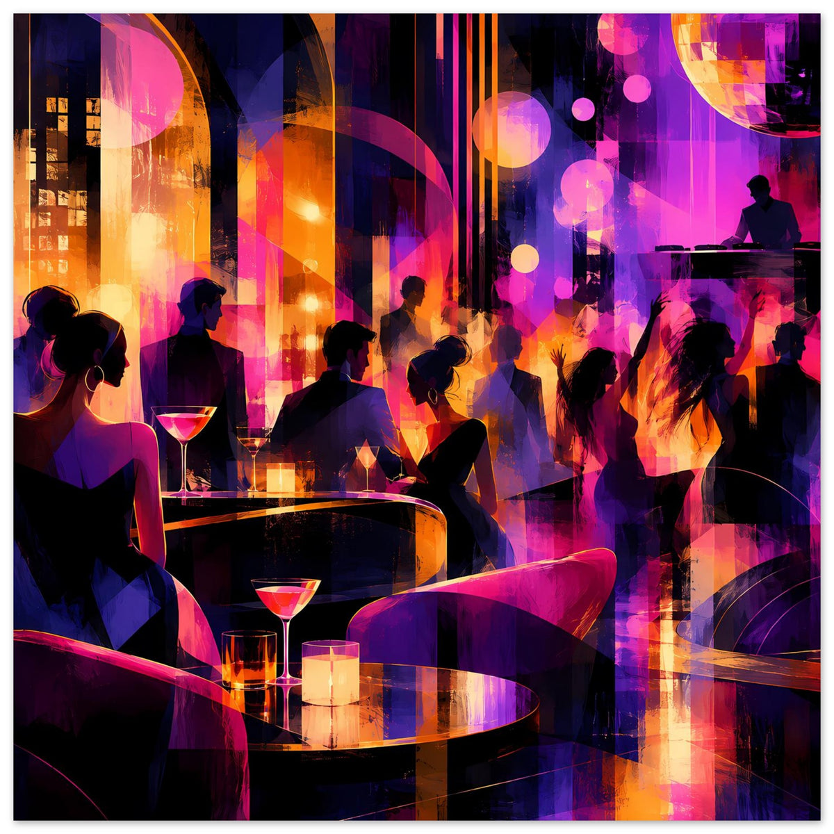 Nachtclub-Poster, horizontales Format: Menschen am Bar-Tresen, rote und violette Neonfarben, Cocktails.