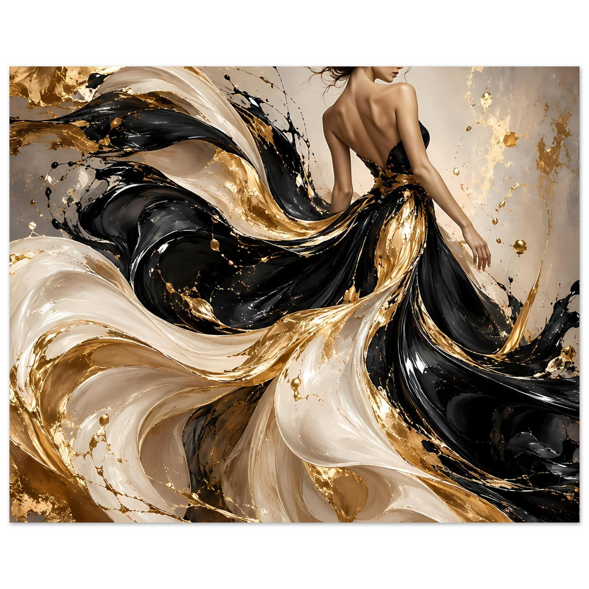 Kunstposter mit Frauensilhouette und schwingenden Wirbeln in Schwarz, Gold und Elfenbein