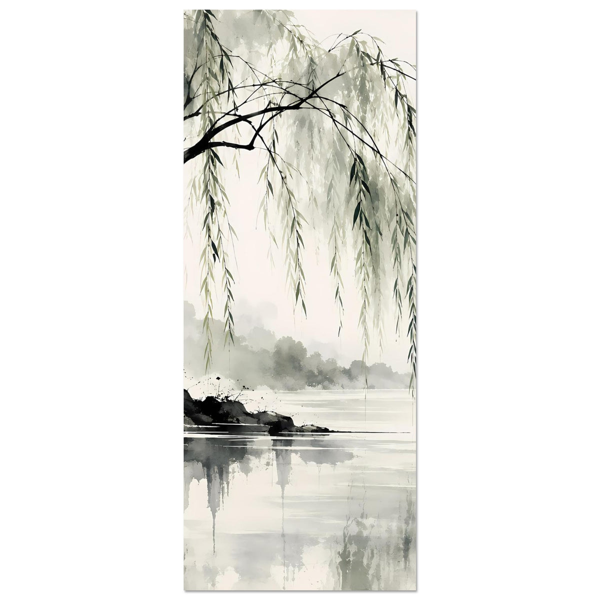 Hochkant-Naturposter mit weinender Weide: hängende Zweige in Grün, Baumstamm, Wasserfläche