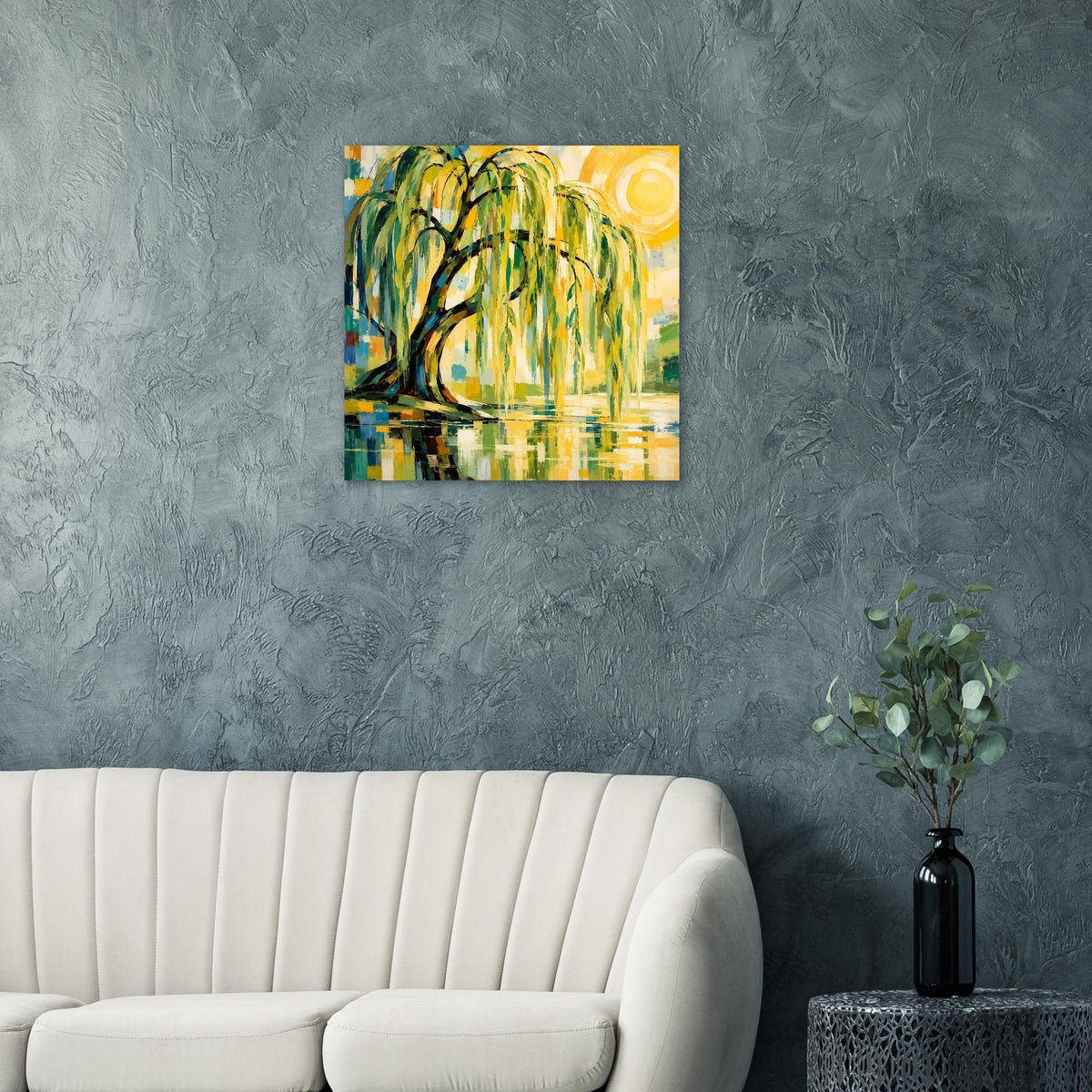 Wandposter mit abstraktem Weidenbaum, gelbem Sonnenkreis, Spiegelung im Wasser, quadratisch