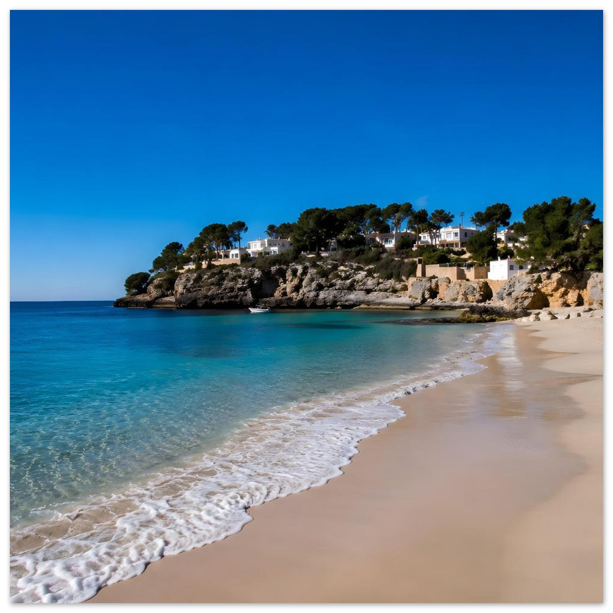 Poster: türkisblaues Meer, Sandstrand und Felsufer mit Bäumen sowie weißen Häusern