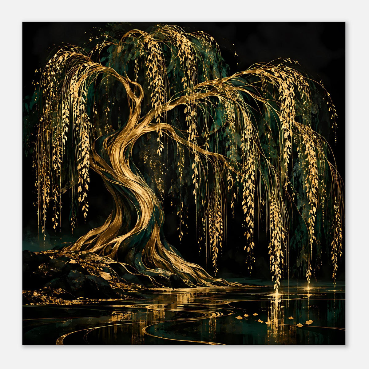 Wandposter mit goldener Trauerweide und Spiegelung im Wasser, mittig, dunkle Farben