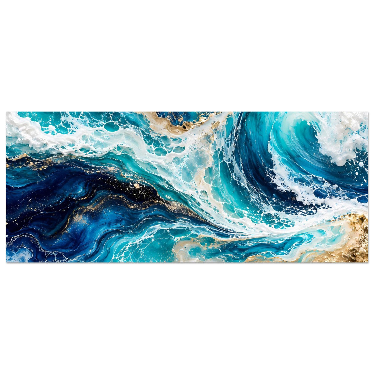 Wellenkunstposter im Querformat mit blauem Meer, türkisblauem Wirbel und goldbraunen Akzenten