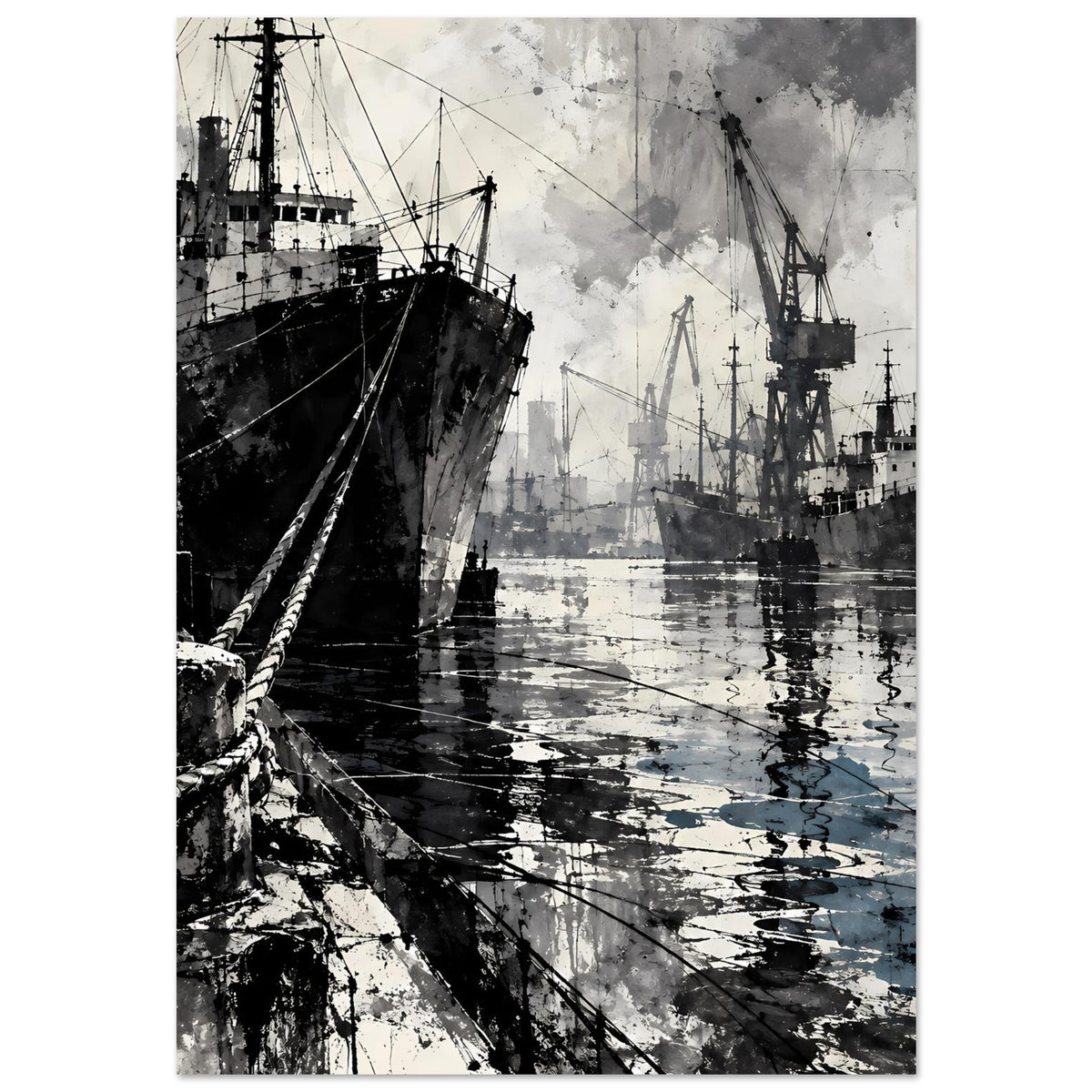 Maritimes Poster mit Hafenansicht: großes Schiff links, Kräne rechts, Wasserfläche