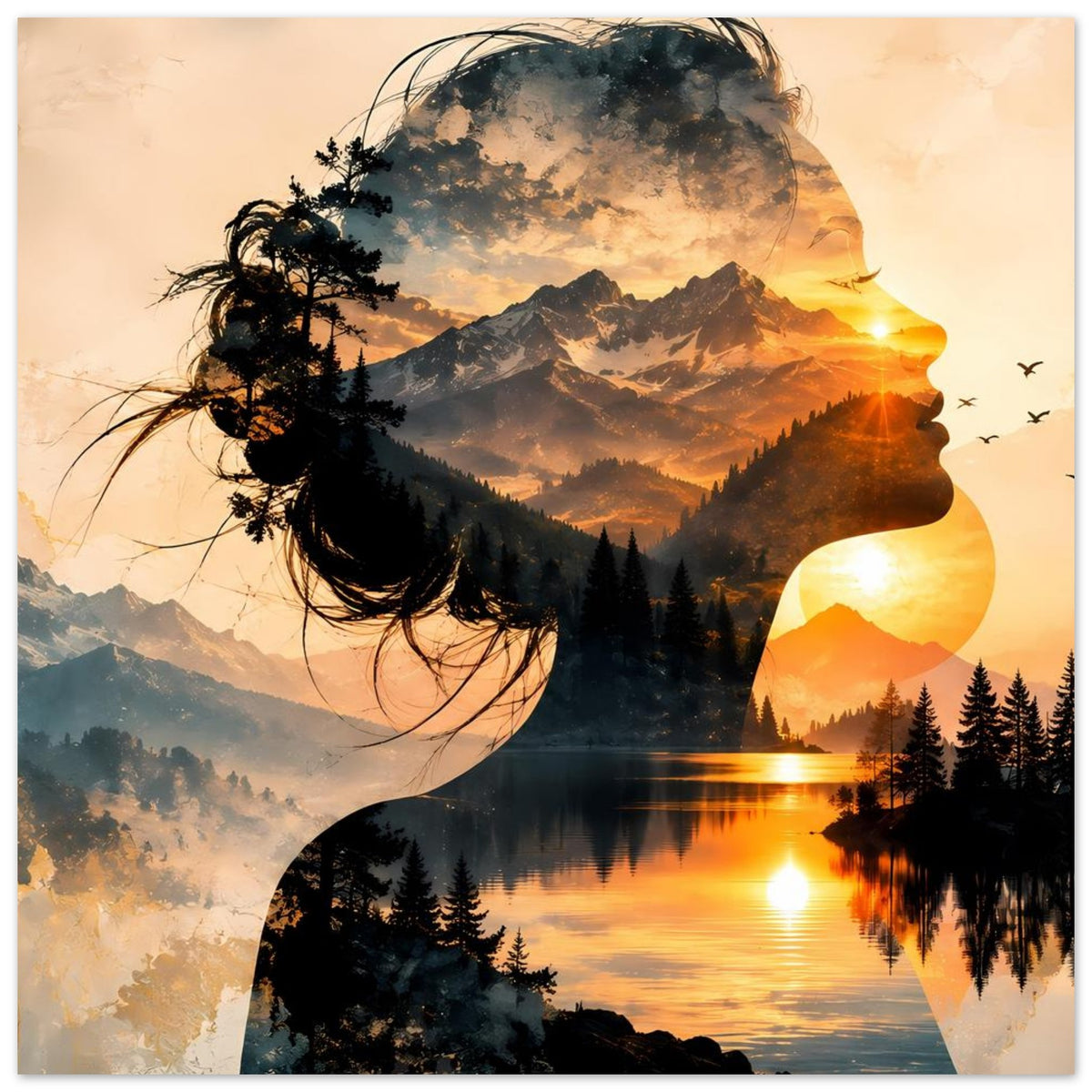 Doppelbelichtungs-Poster mit Frauensilhouette, Bergwald, Bergsee und Sonnenuntergang