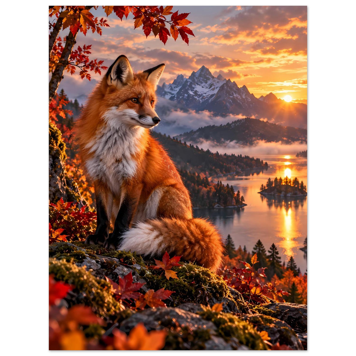 Naturposter mit sitzendem Rotfuchs, Herbstlaub, See, Berge und Sonnenuntergang
