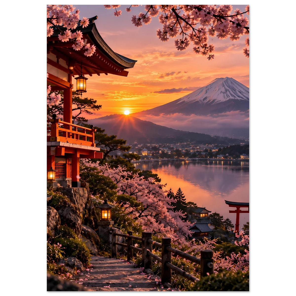 Vertikales Poster: Tempelanlage mit Laternen, Kirschblüten und Berg Fuji bei Sonnenuntergang