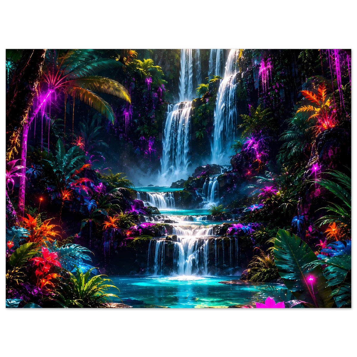 Gerahmtes Poster mit mehrstufigem Wasserfall, türkis-blauem Wasser und bunten Pflanzen