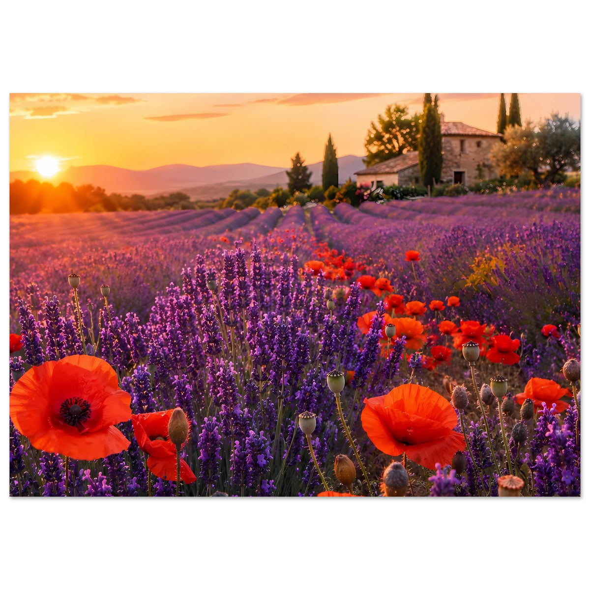 Floraler Landschaftsposter: Lavendelfeld mit roten Mohnblumen und Haus am Sonnenuntergang