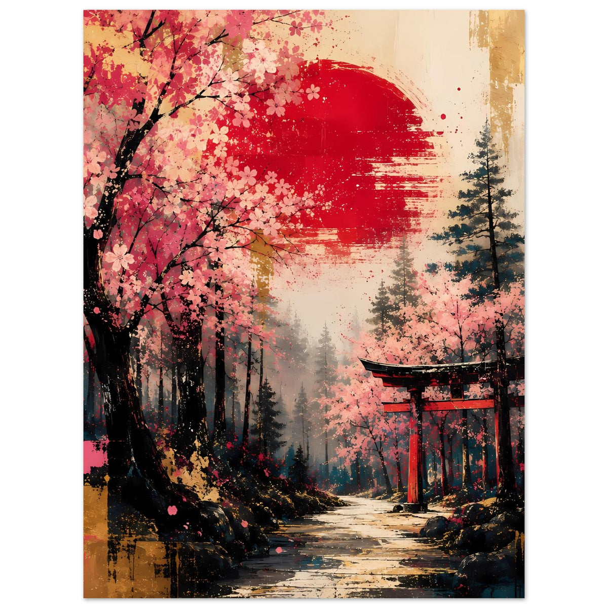 Poster im Hochformat mit Kirschblütenbaum, rotem Halbmond und Torii im Waldweg