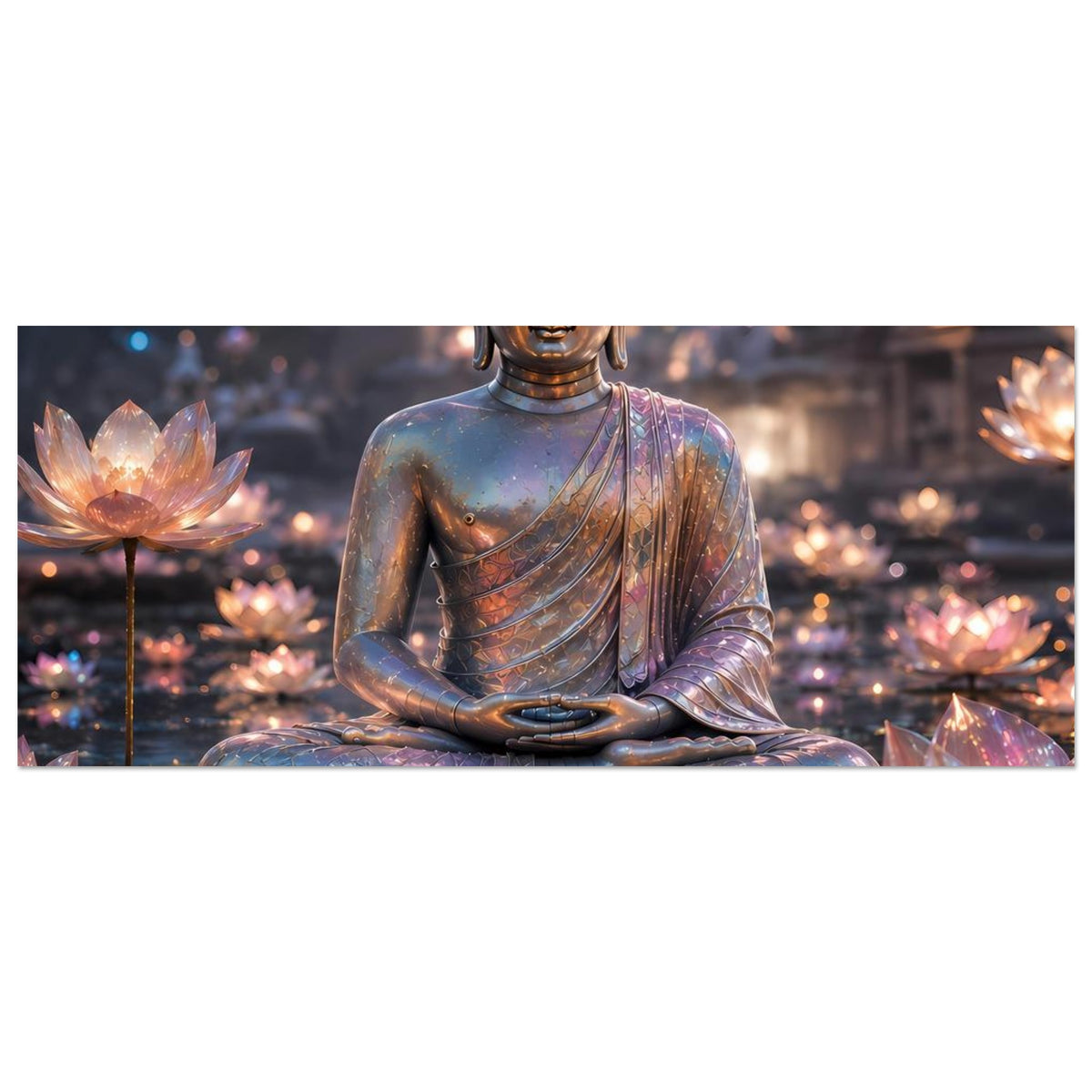 Meditationsposter im Querformat, Fokus auf Buddhas Hände und leuchtende Lotusblüten