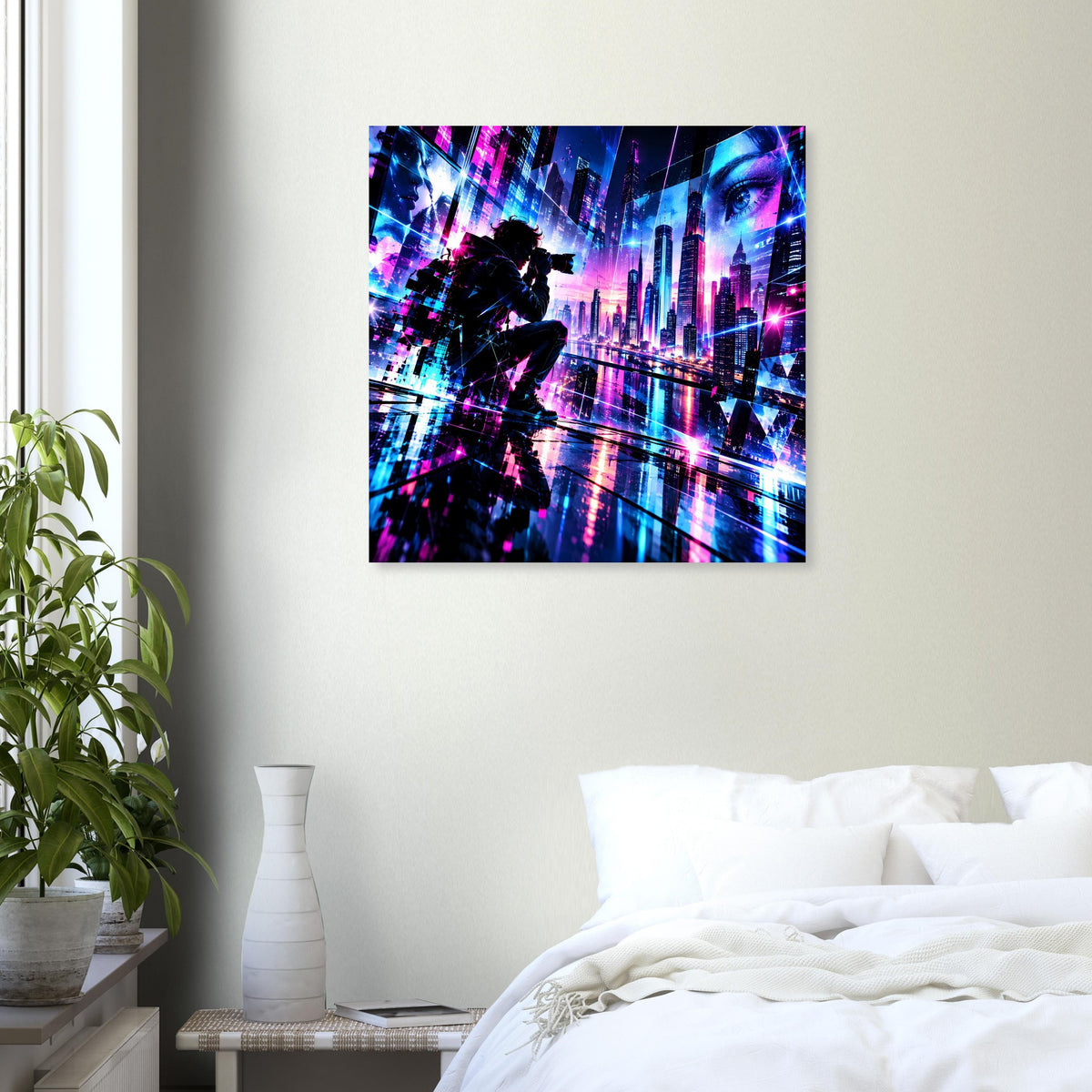 Cyberpunk-Skyline Poster mit Neonfarben, silhuettierter Person im Vordergrund und Wolkenkratzer