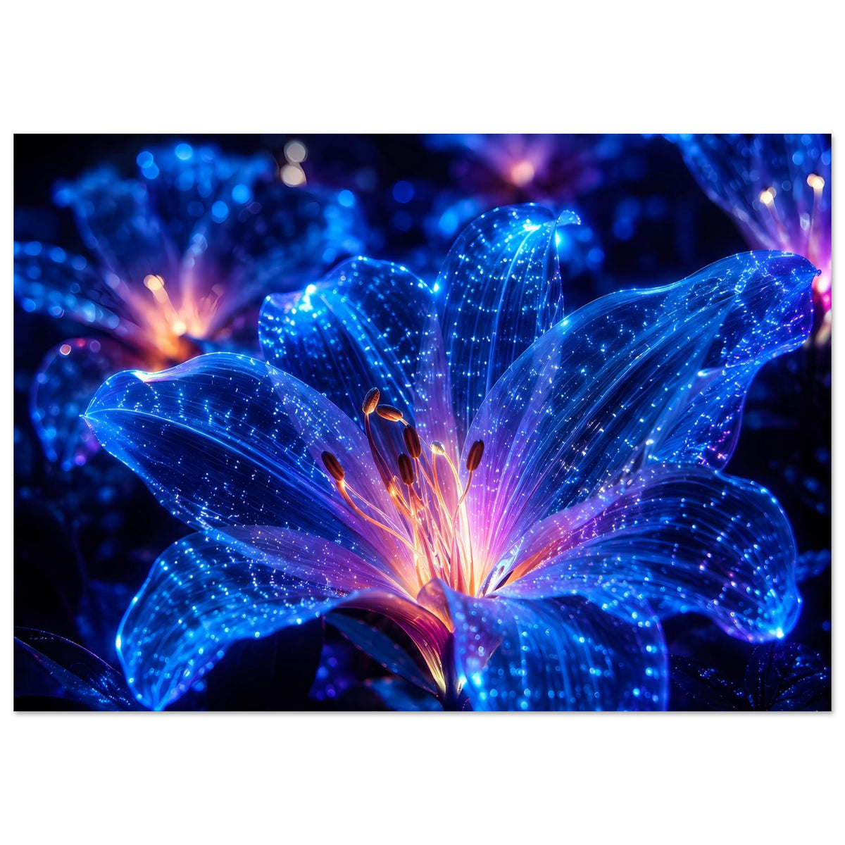 Blumenposter im Querformat, leuchtende blaue Blüte mit orangefarbenem Kern und Glitzer