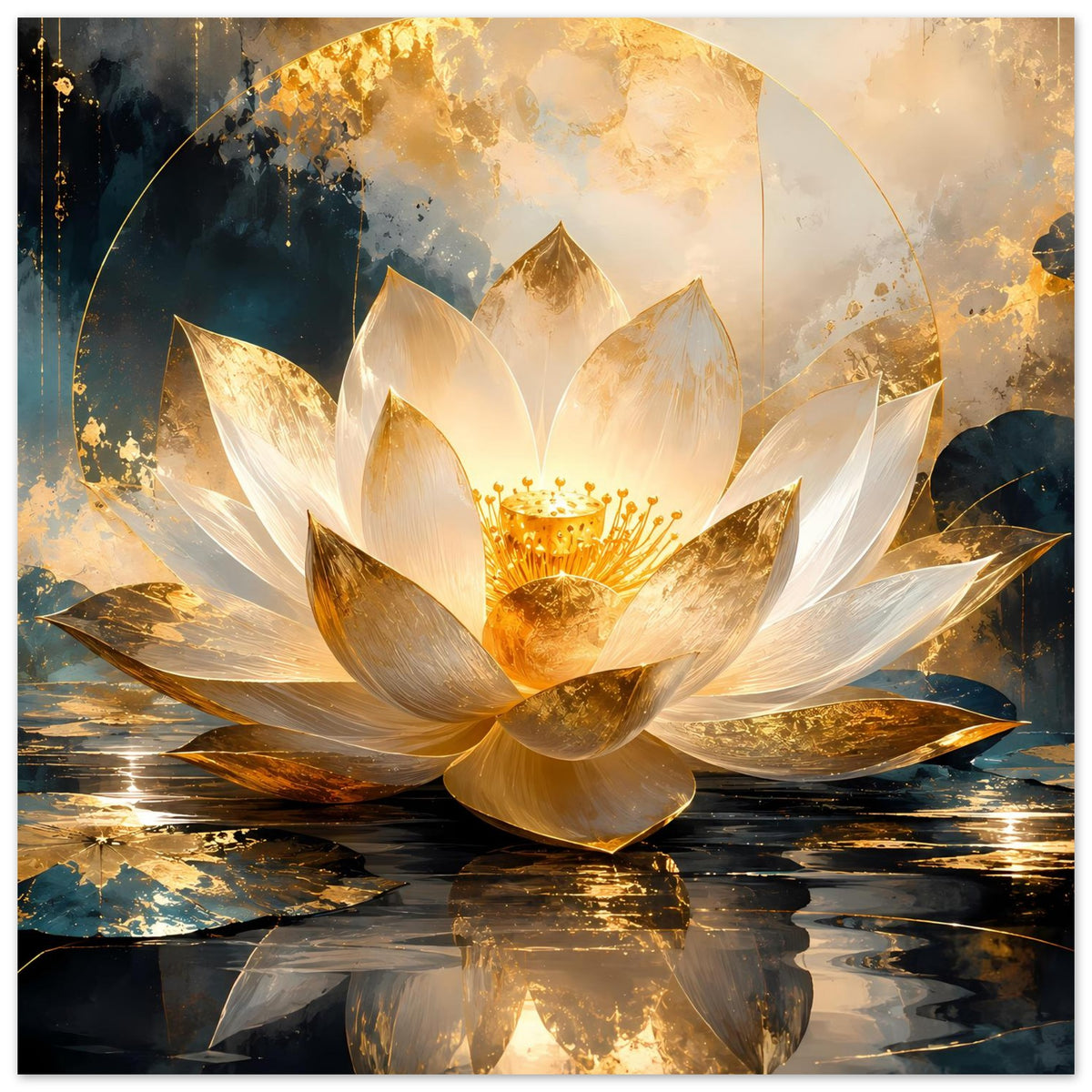 Kunstposter: goldweiße Lotusblüte auf spiegelndem Wasser, klare Spiegelung