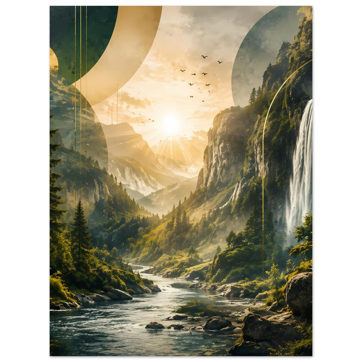 Landschaftsposter mit Wasserfall, Fluss und Sonnenaufgang in den Bergen, vertikal