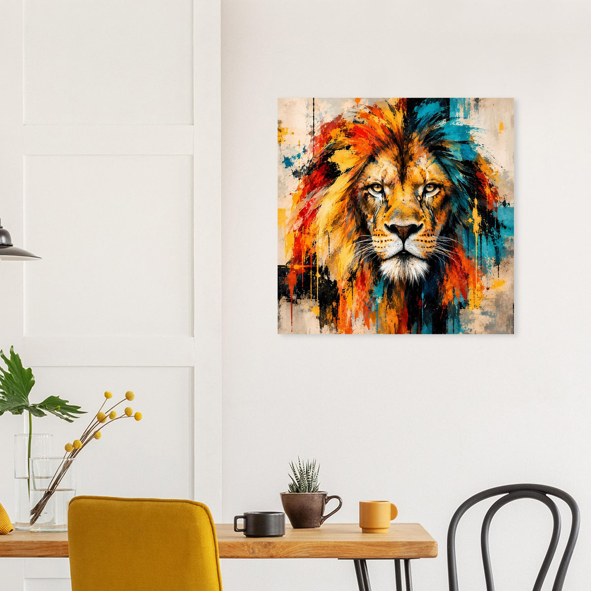 Löwenposter mit gemaltem Löwenkopf in kräftigen Farben, quadratisch gerahmt.
