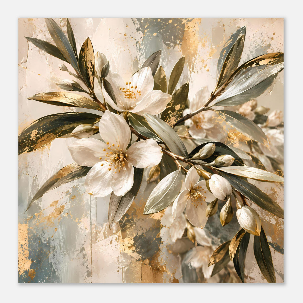 Großformatiges Blumenposter mit weißen Blüten, goldenen Akzenten und grünlich-goldenen Zweigen