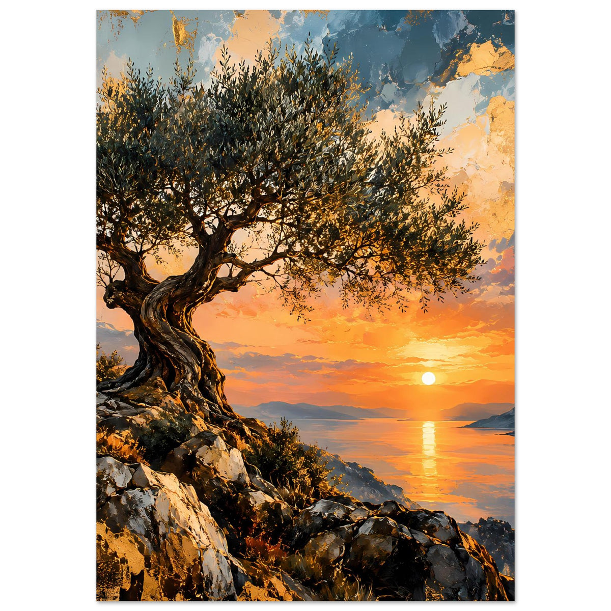Olivenbaum-Poster im Hochformat: Baum an der Küste, untergehende Sonne und ruhiges Meer