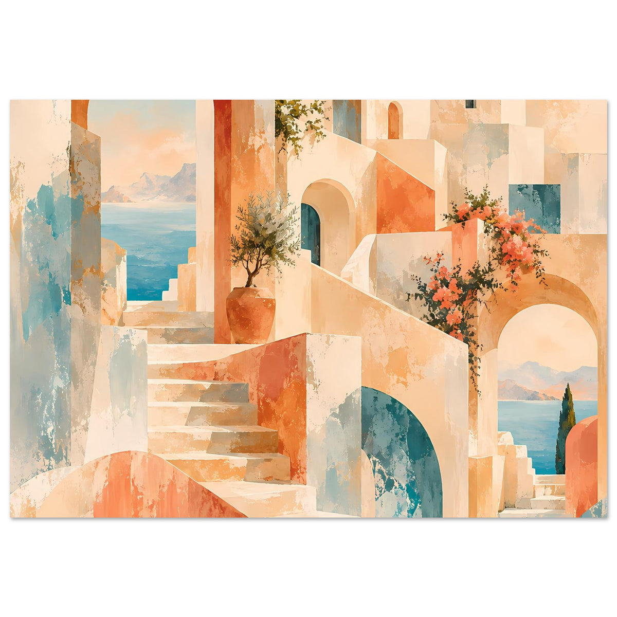 Mediterranes Wandposter mit Treppe, Rundbögen, geputzten Wänden, Meerblick und Blumen