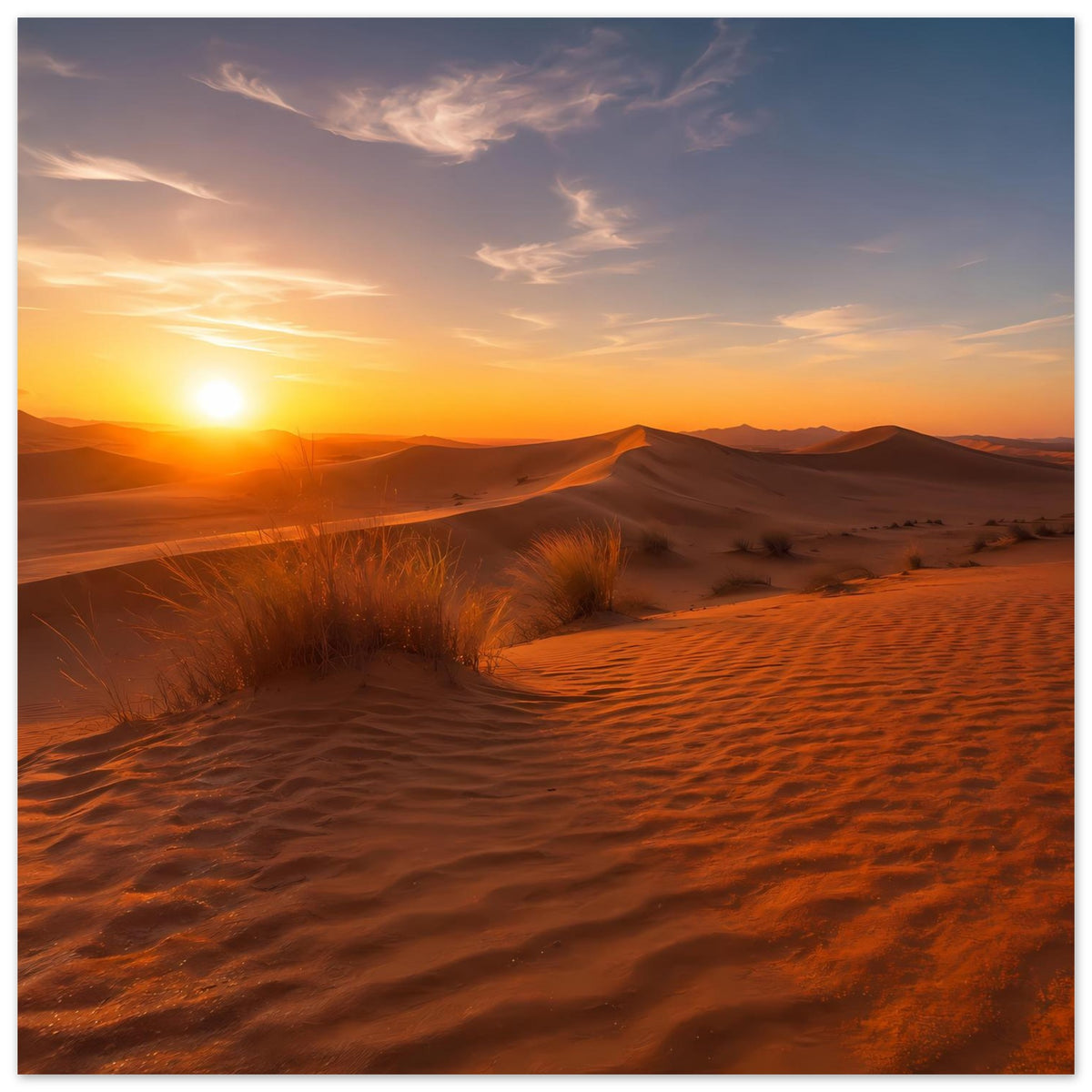 Poster im Rahmen mit Sanddünen und goldenem Sonnenuntergang, weitläufige Dünen im Vordergrund