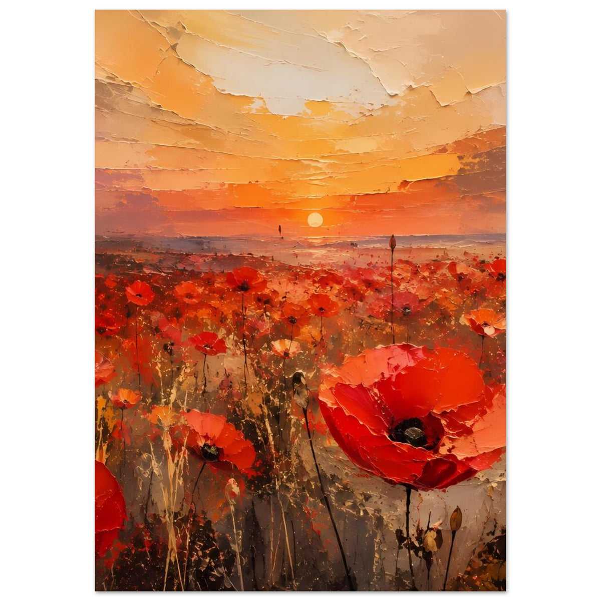 Hochkant-Poster: rote Mohnblüten, orange Himmel und flache Horizontlinie