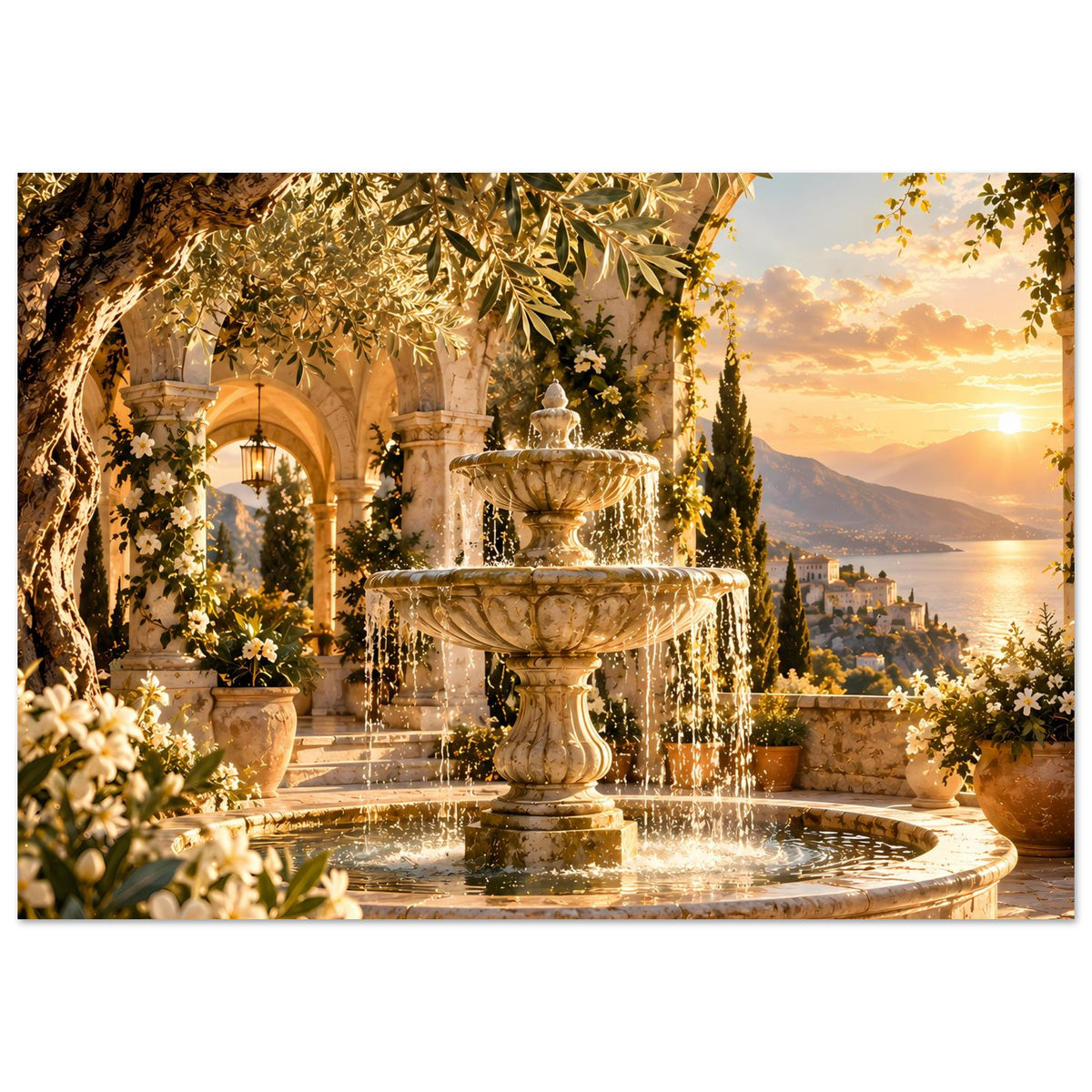 Brunnen-Poster im Sonnenuntergang: Springbrunnenbecken mit Wasser, goldene Blätter