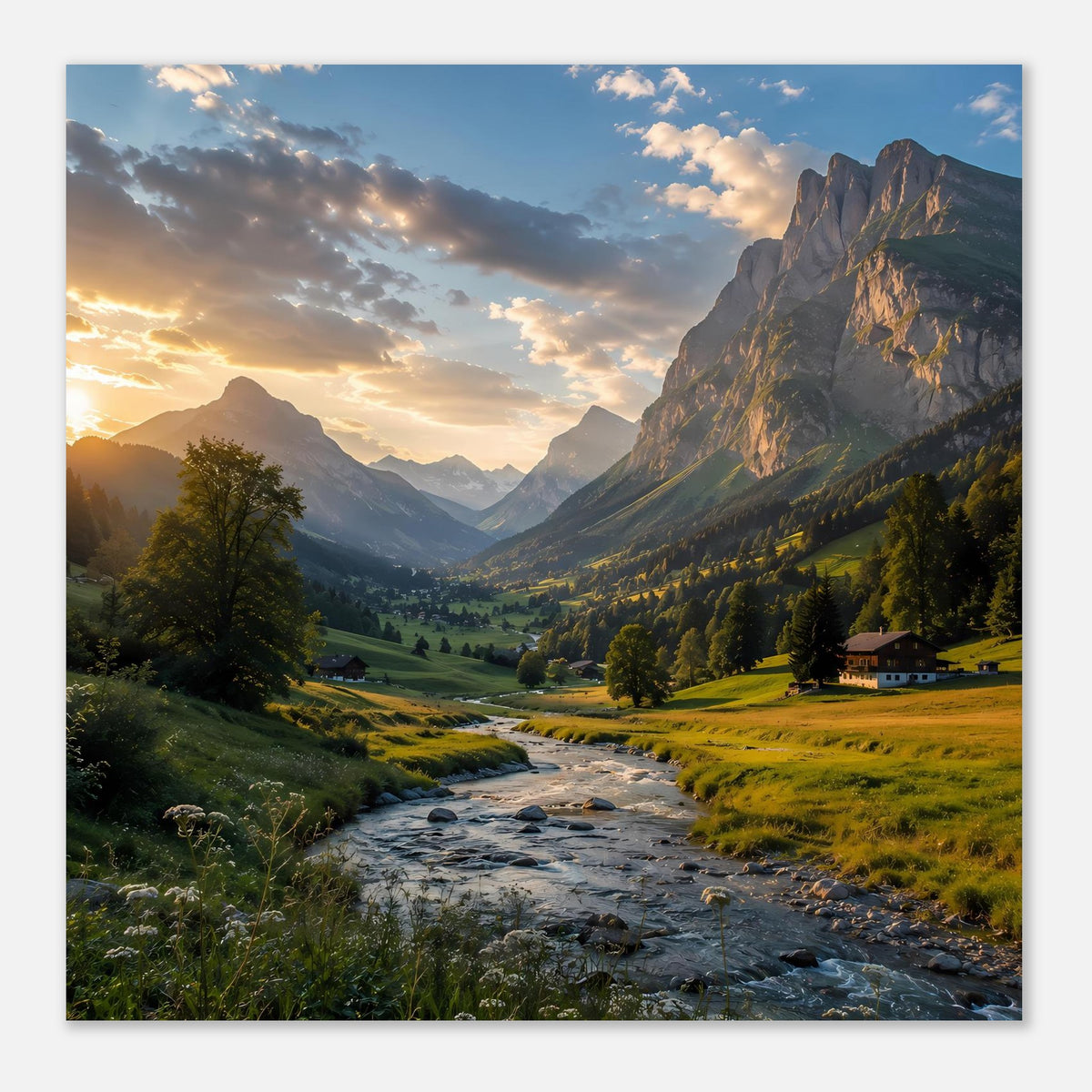 Alpenposter: Flusstal und Felsberg, Sonnenuntergang und Wiesen, rechteckig