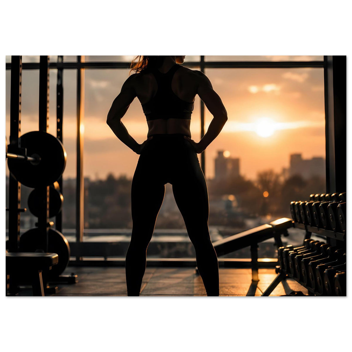 Fitness-Poster mit Silhouette einer Sportlerin, mittlerer Bildausschnitt, Trainingspose