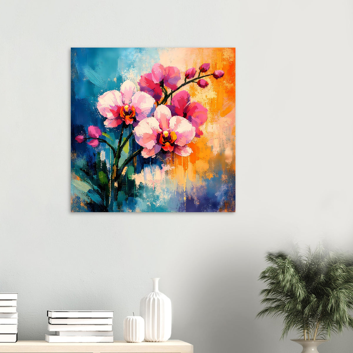 Quadratisches Blumenposter mit pinken und rosa Blüten auf farbigem Hintergrund