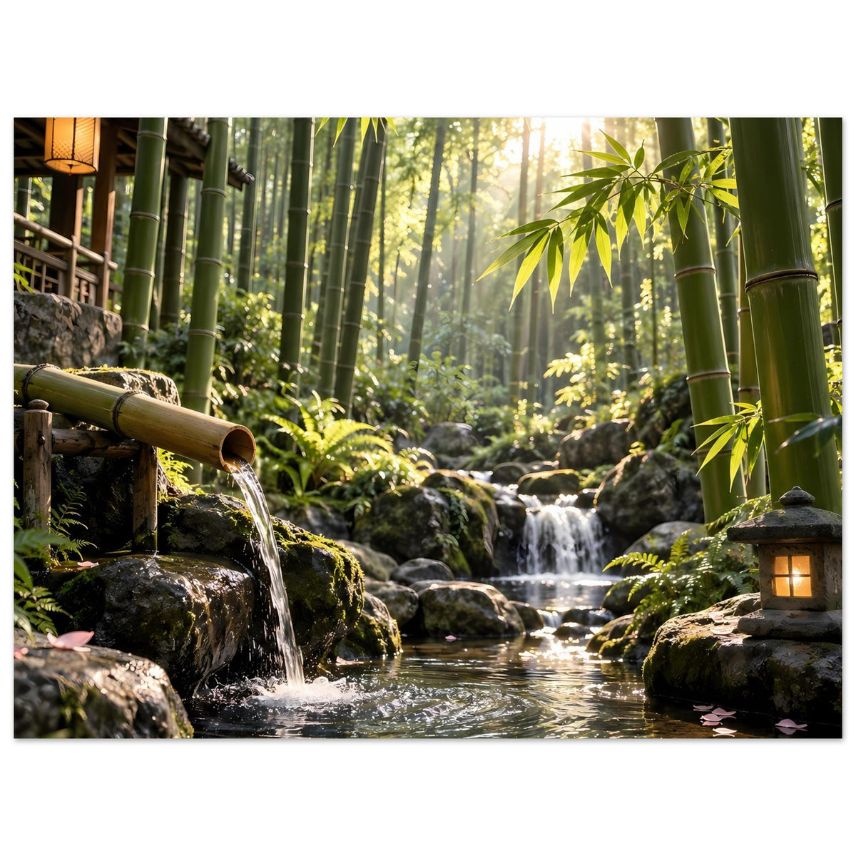 Naturposter mit Bambuswald-Wasserfall und Laterne am Stein