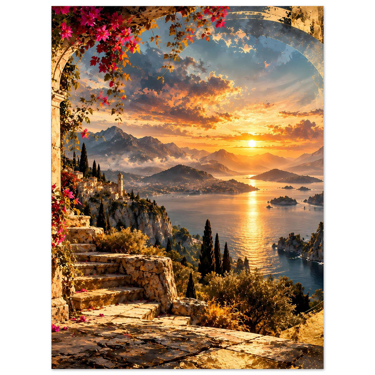 Küstenposter mit Sonnenuntergang, Meerblick, Bergkette, Steintreppe und blühenden Reben