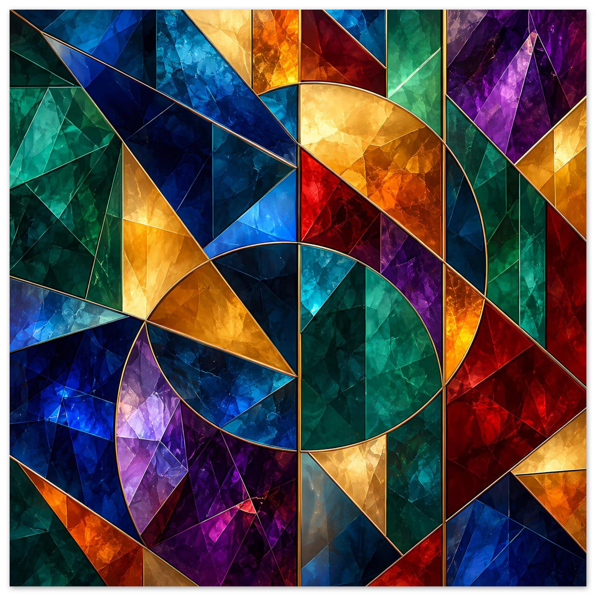 Poster mit farbenfrohem Tiffany-Glas-Muster: diagonale Flächen und großer Kreis in Grün und Blau
