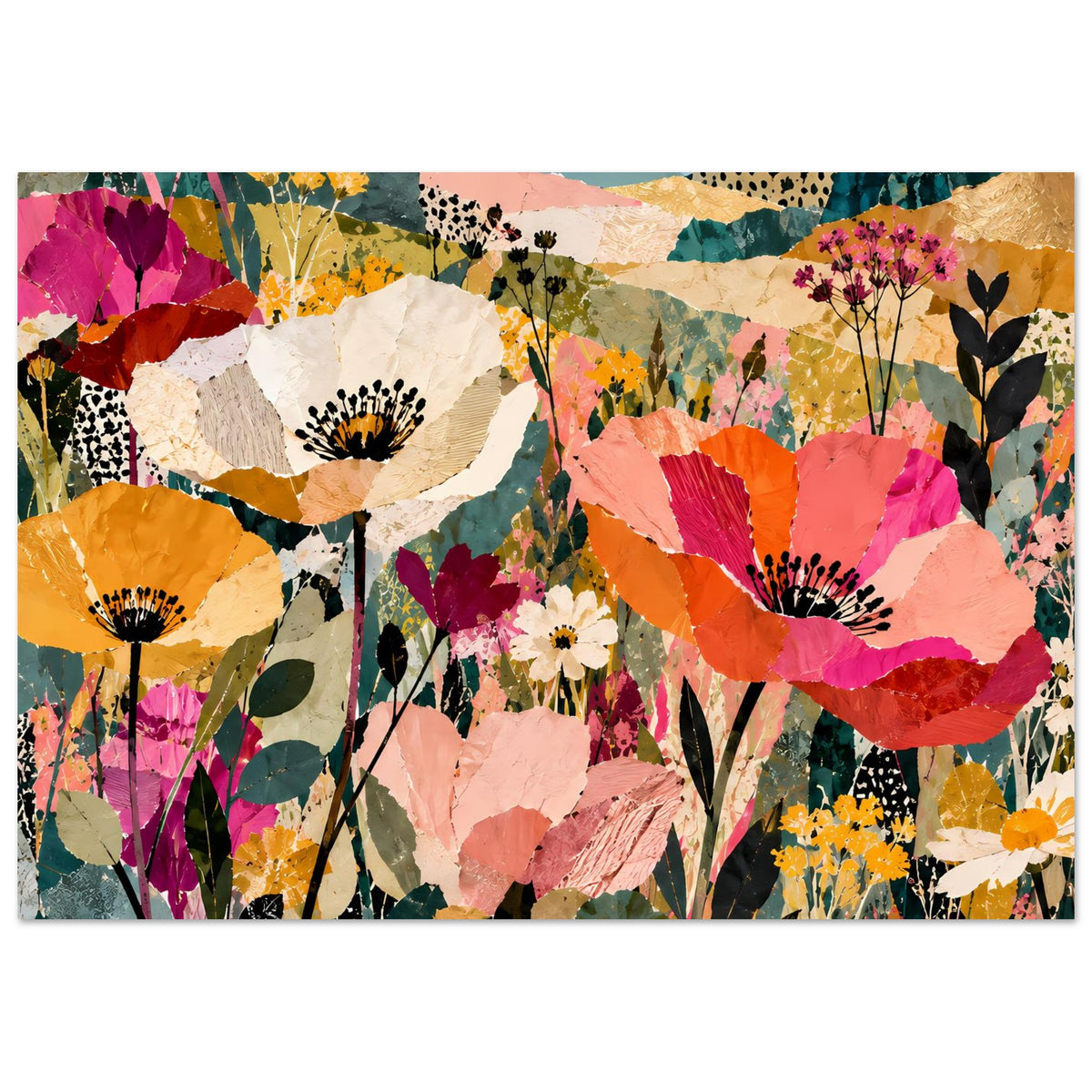 Buntes Blumen-Kollageposter, horizontale Ausrichtung mit abstrakten Blütenformen