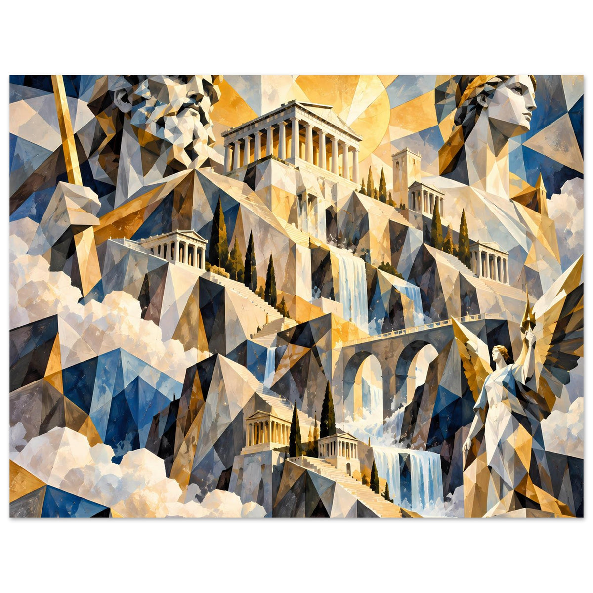 Poster mit Tempel und Statue im geometrischen Polygonstil, Blau-Grau, Goldtöne und Wolken